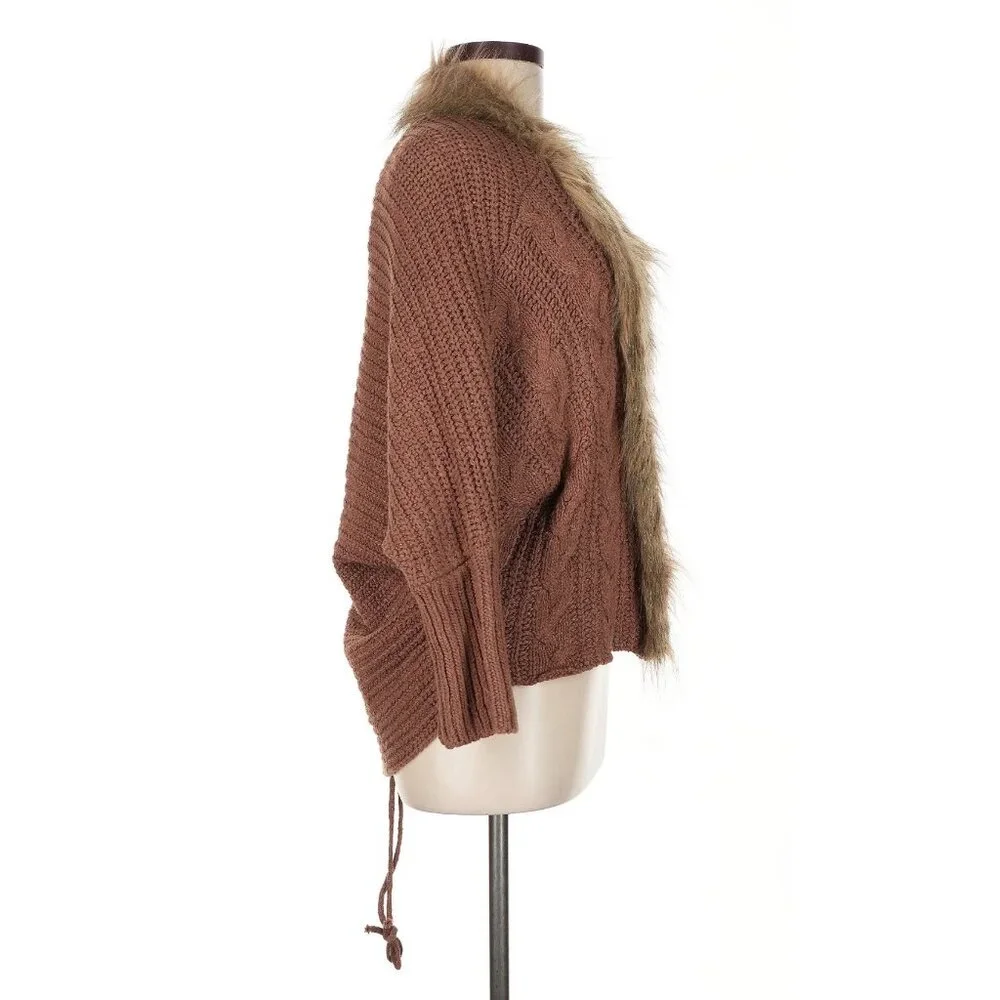 Faux Fur Trim Brown Cable Knit Cardigan | Boho Grunge Fairy Cottagecore Cozycore - Picture 11 of 16